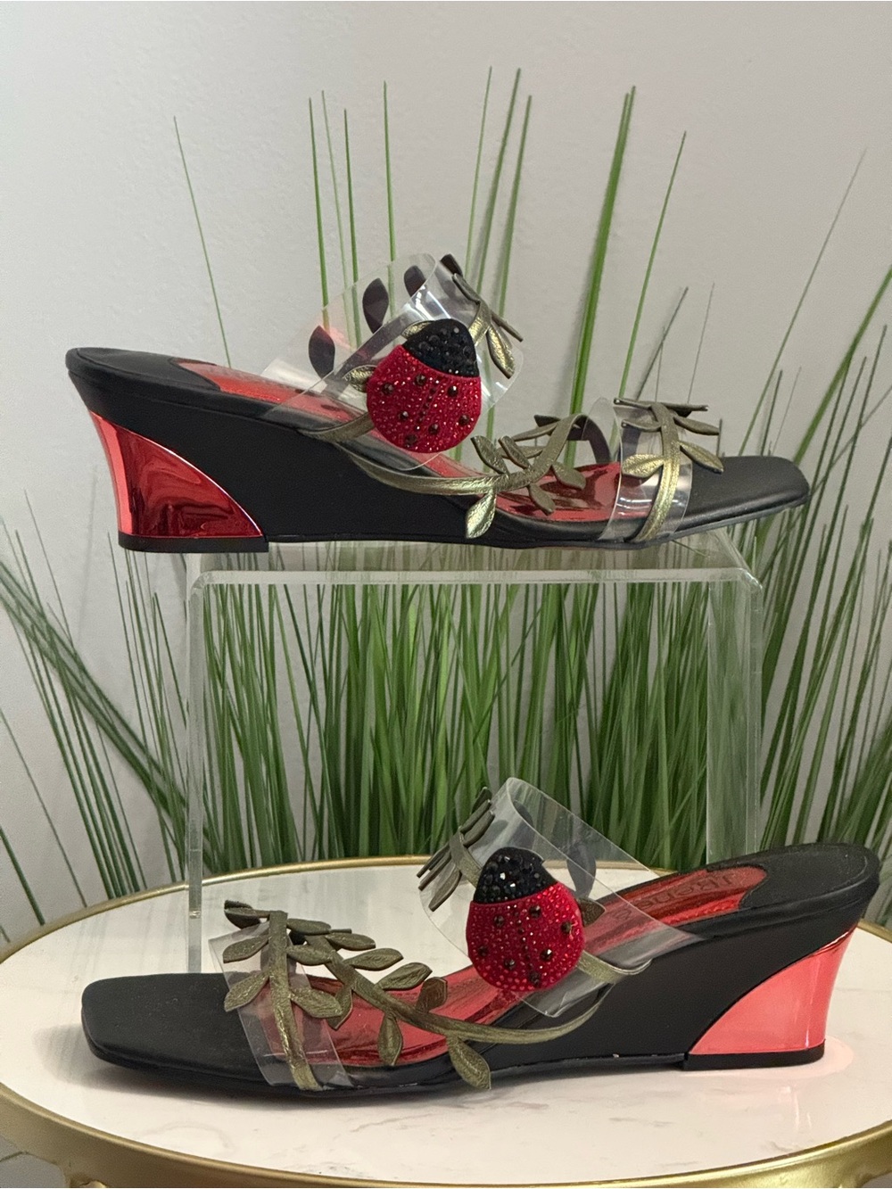 NWOT J Renee Coachella  Red and Metallic Wedge Sandals with Embellished Ladybug